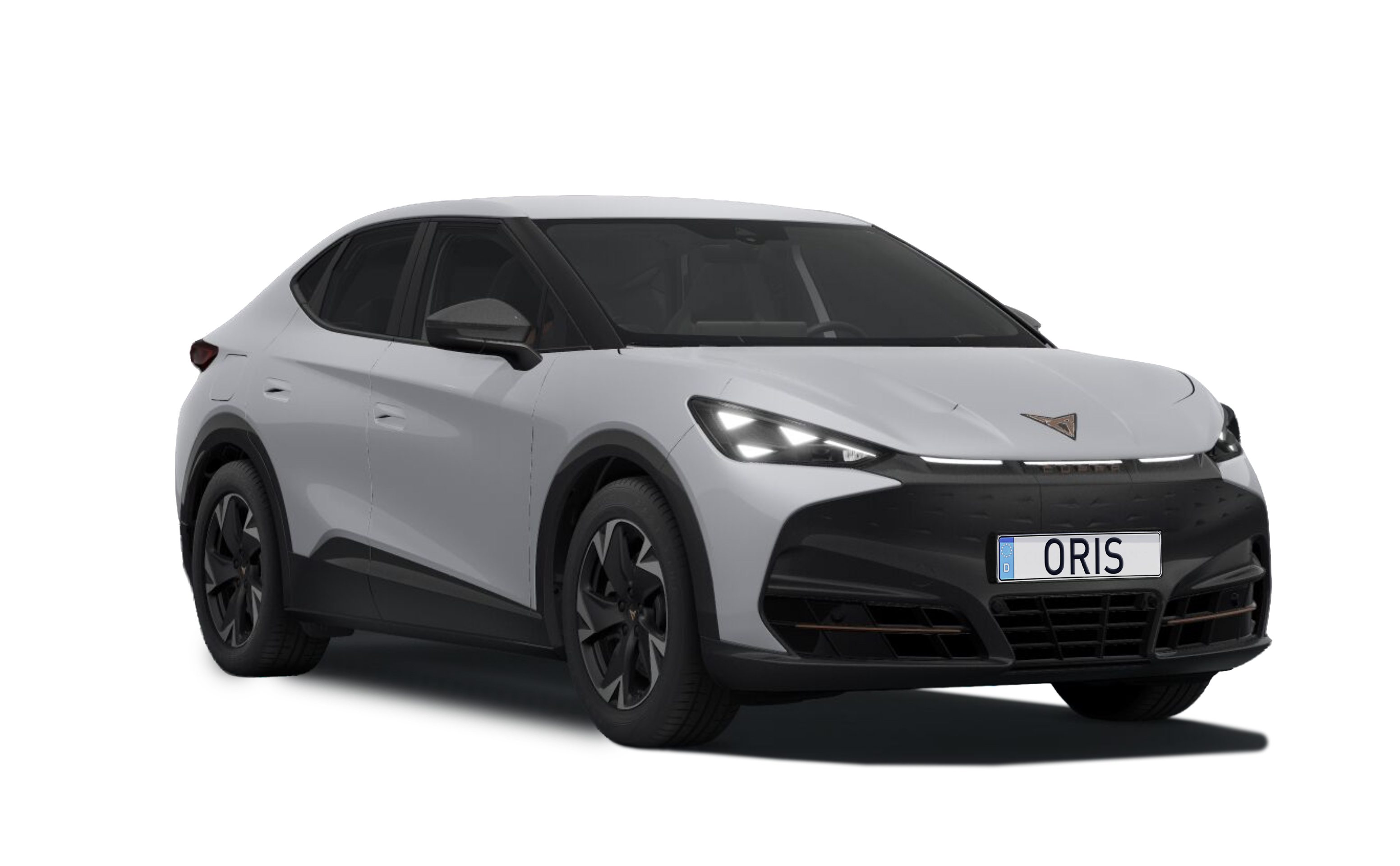 White CUPRA Tavascan electric SUV in front three-quarter view on a white background.