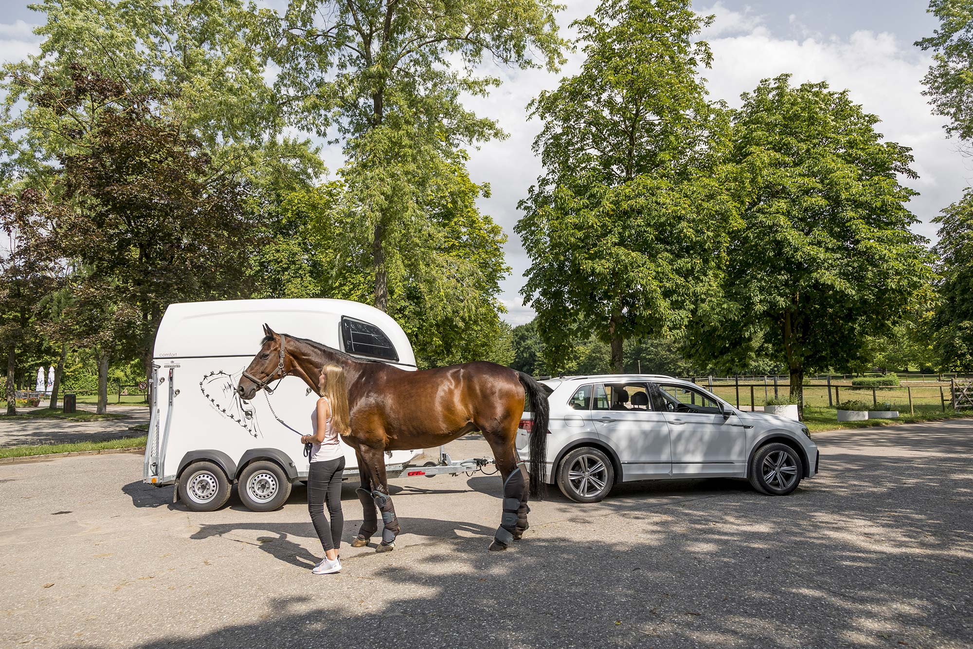 A woman holding a horse beside a white horse trailer connected to a silver Volkswagen Tiguan with a towbar in a tree-lined outdoor area.