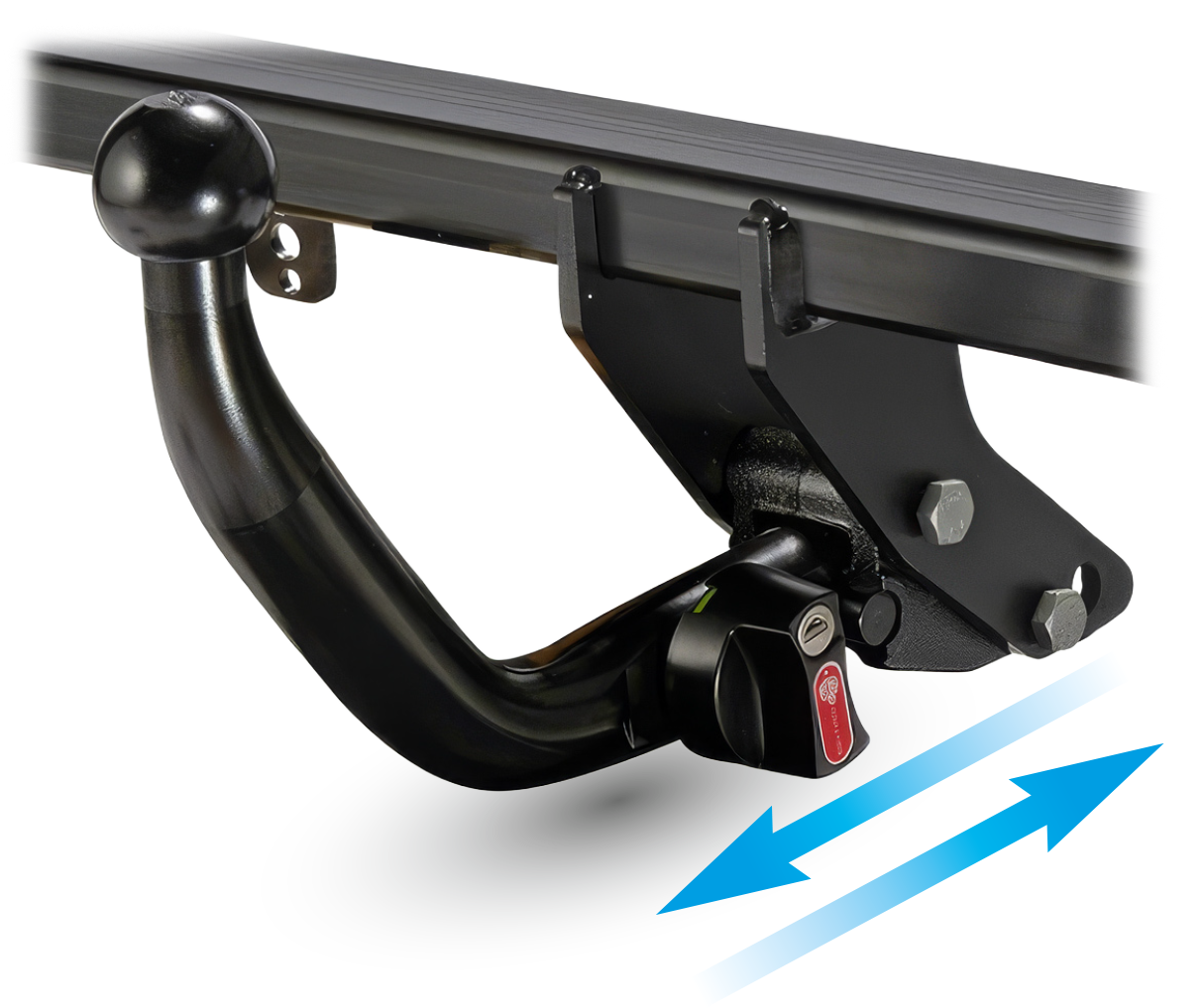 ORIS AK4 detachable horizontal towbar with removable towball, integrated locking mechanism and side insertion direction indicator.