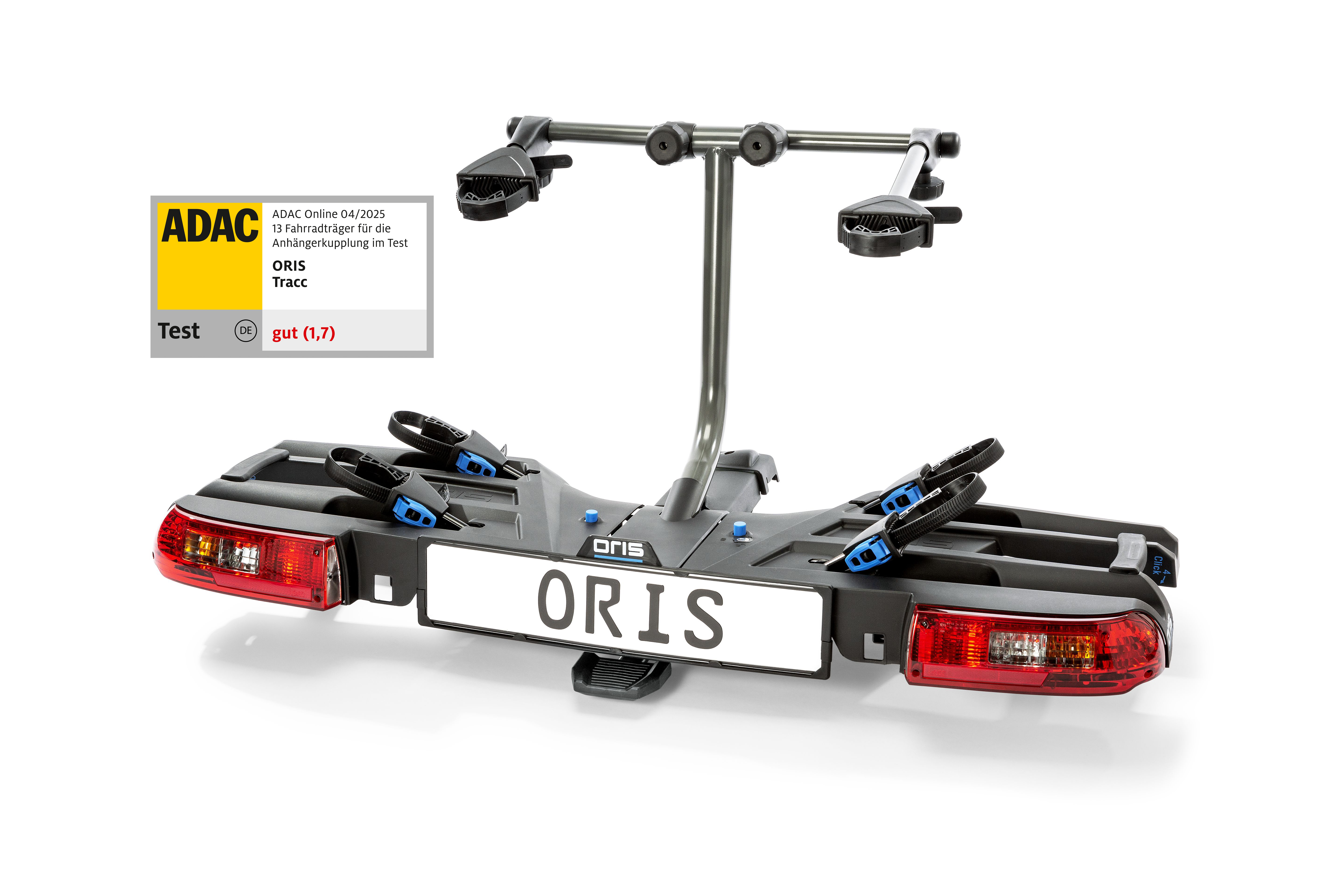 ORIS TRACC bike carrier with ADAC test rating "Good (1.7)" on a white background.