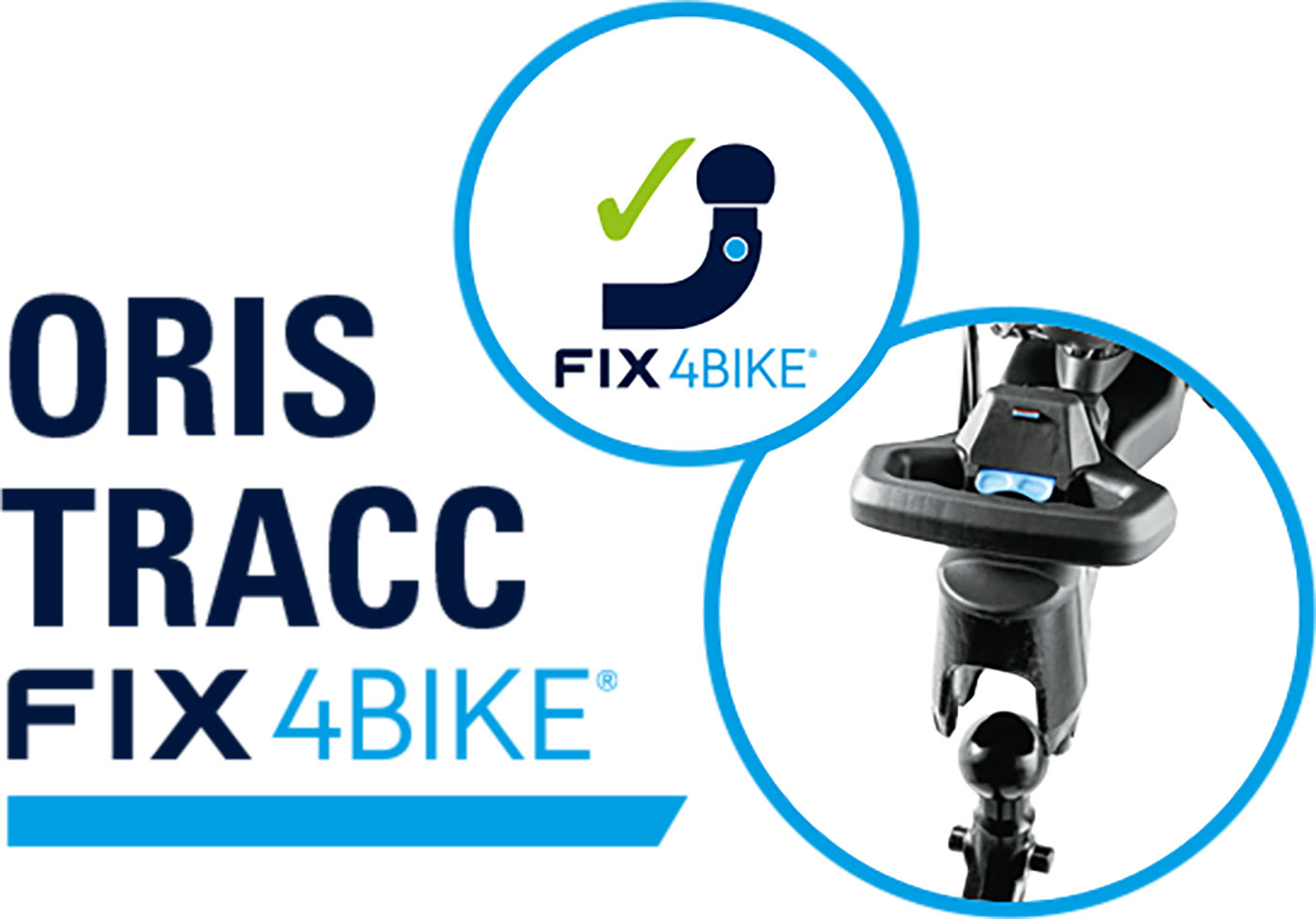 ORIS TRACC FIX4BIKE Logo-Grafik mit FIX4BIKE Anhängerkupplungssystem-Symbol und Detaildarstellung des patentierten Fahrradträger-Kupplungsmechanismus auf hellem Hintergrund.