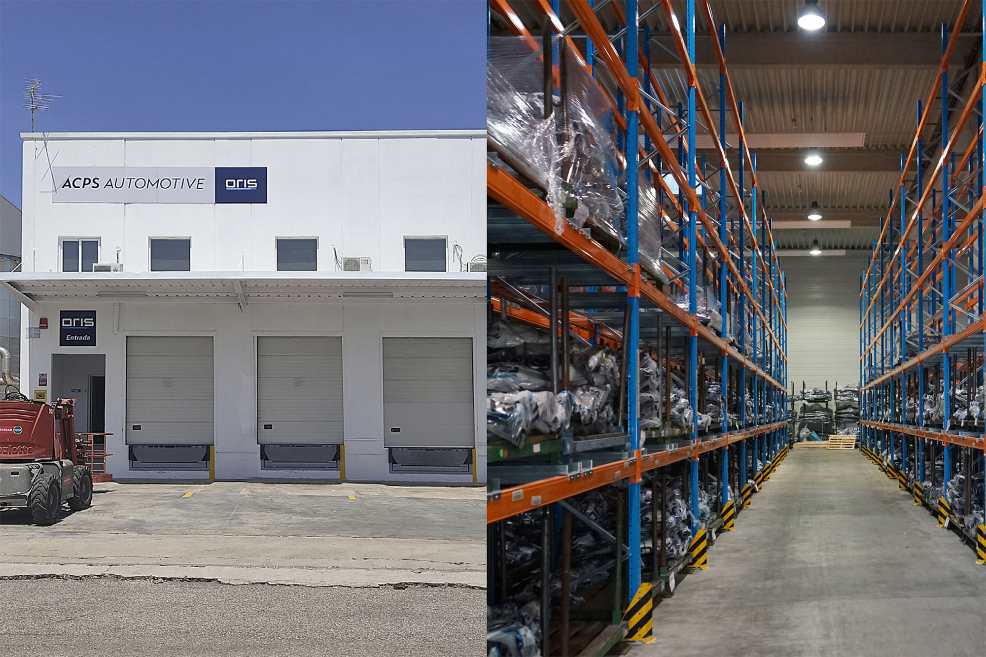 ACPS Automotive ORIS location in Spain with loading docks beside a warehouse aisle with high storage racks and packaged automotive components.