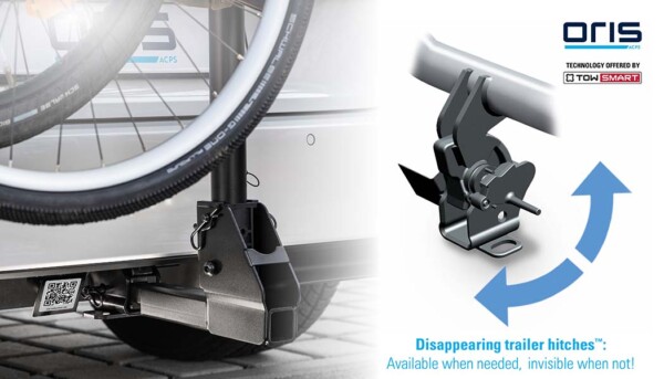 ORIS disappearing trailer hitch with integrated bike carrier, accompanied by an illustration of the fold-away towbar mechanism.