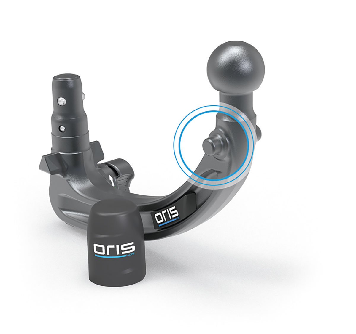 ORIS abnehmbare Anhängerkupplung mit FIX4BIKE Positionierungsstiften und Schutzkappe zur Darstellung des patentierten Führungssystems für die sichere und präzise Montage von Fahrradträgern.