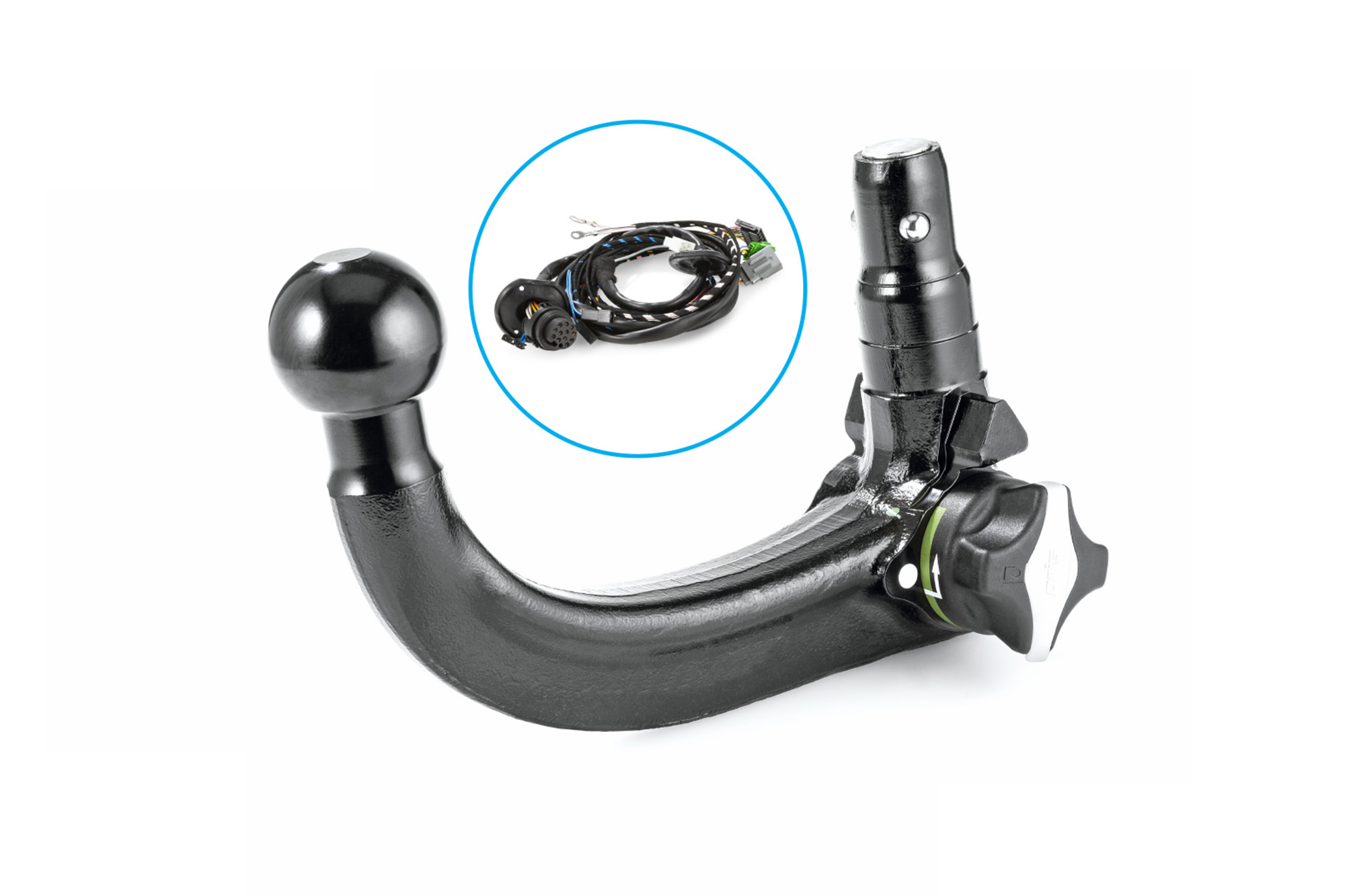 ORIS DUO complete set with detachable towbar neck and vehicle-specific wiring harness for seamless towbar retrofitting.