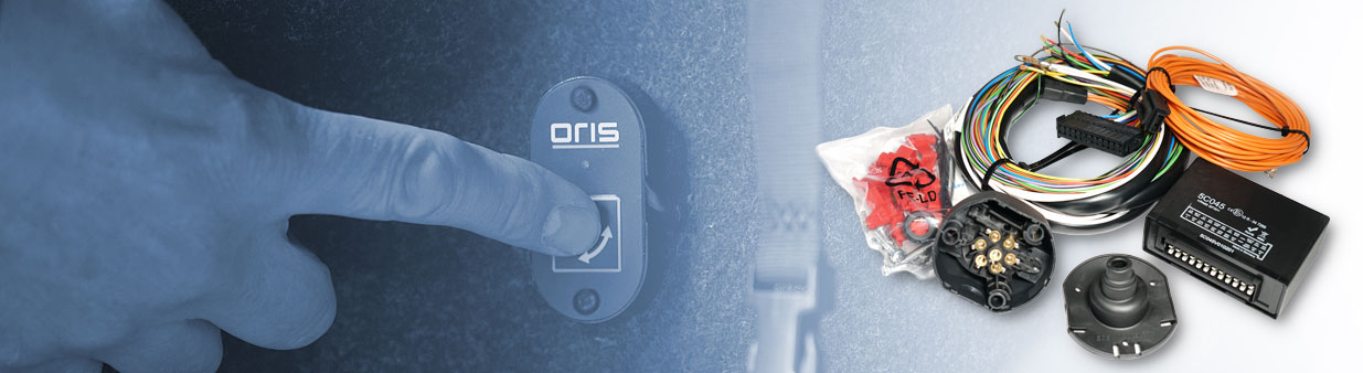 A thumb pressing the ORIS towbar release button with an overlay of DUO complete set E-Set wiring kit components on the right.