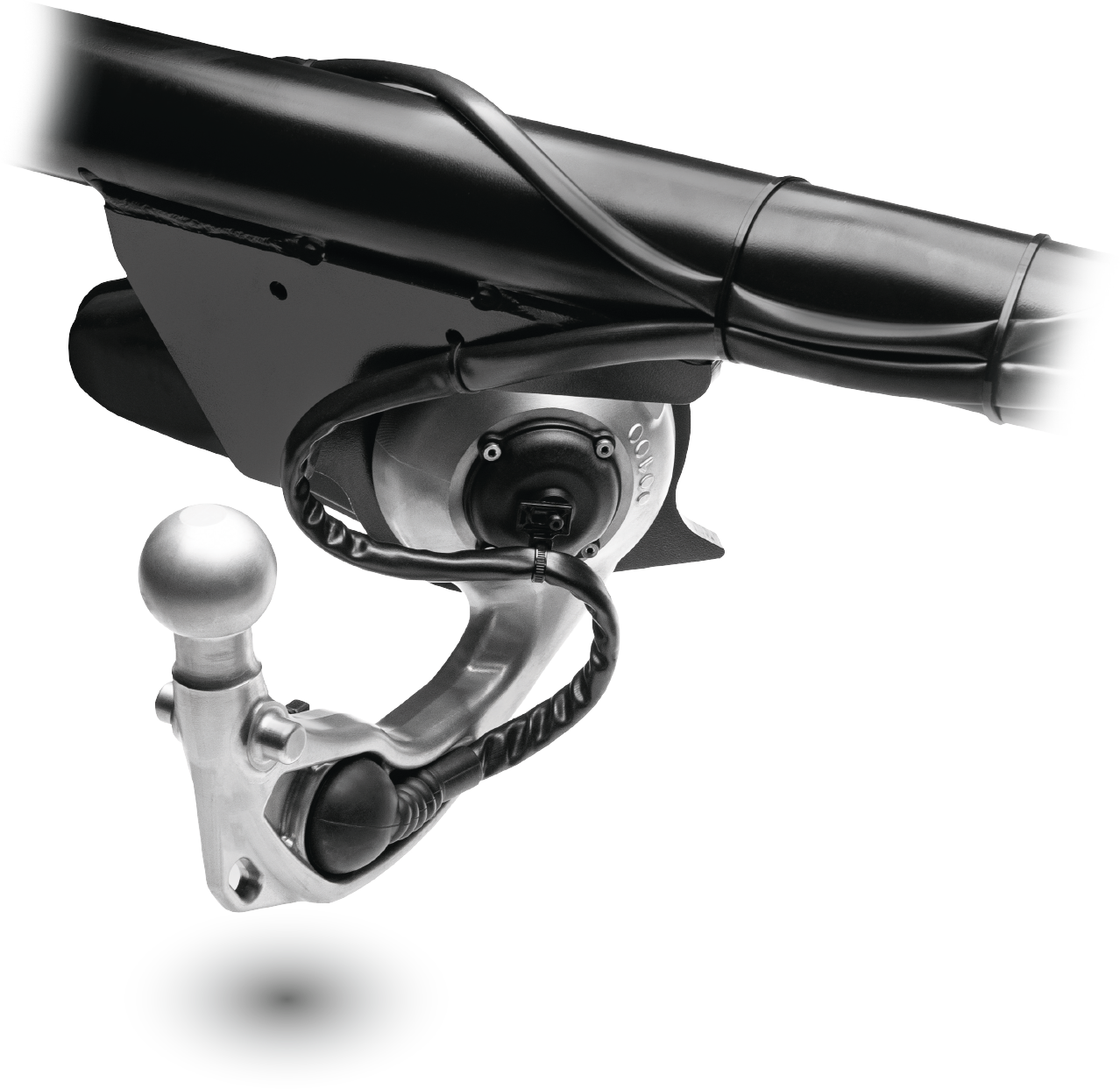 Side view of the ORIS E3 electric swivelling towbar with integrated socket and motor unit in deployed position.