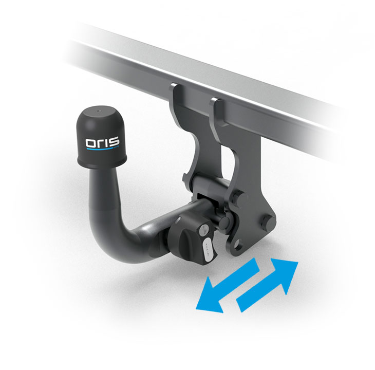 ORIS abnehmbare Anhängerkupplung mit horizontalem Verriegelungsmechanismus, Schutzkappe und blauen Pfeilen zur seitlichen Entnahme auf weißem Hintergrund.
