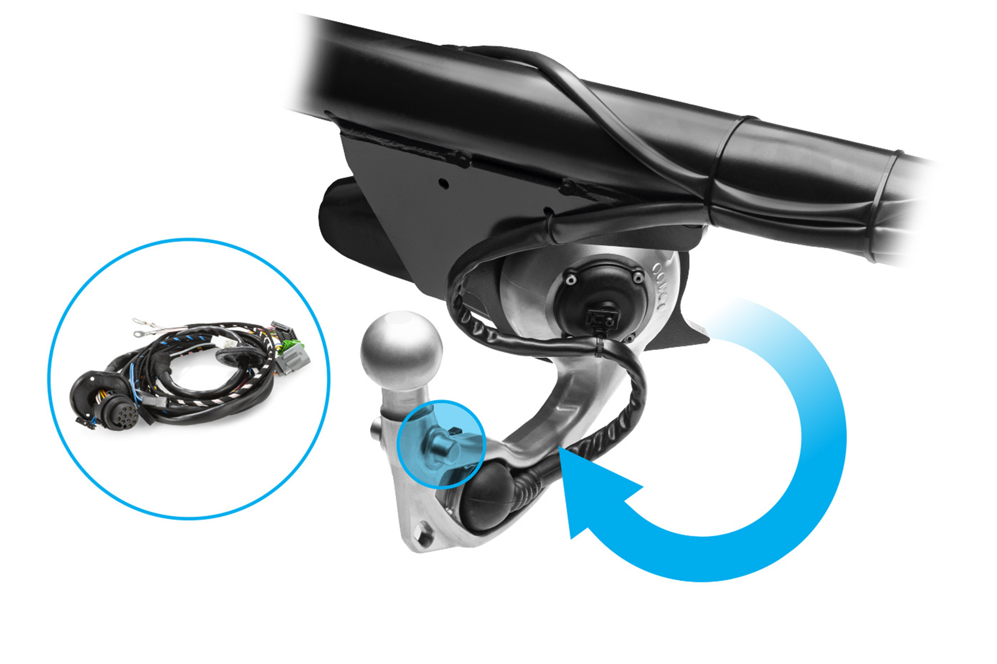 Fully electric swivelling towbar with integrated socket and vehicle-specific 13-pin wiring kit in the ORIS DUO complete set.