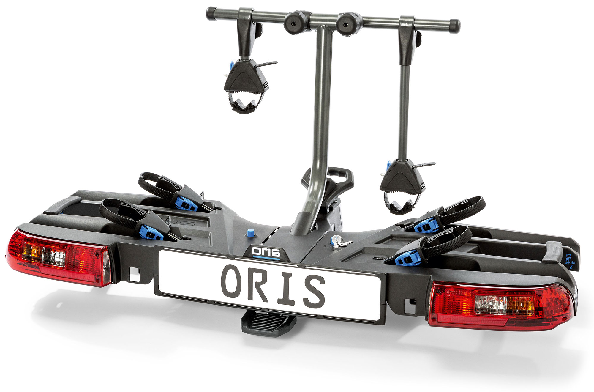 ORIS TRACC FIX4BIKE bicycle carrier for two bicycles with integrated rear lights, adjustable frame holders, wheel straps and patented FIX4BIKE mounting system on a white studio background.