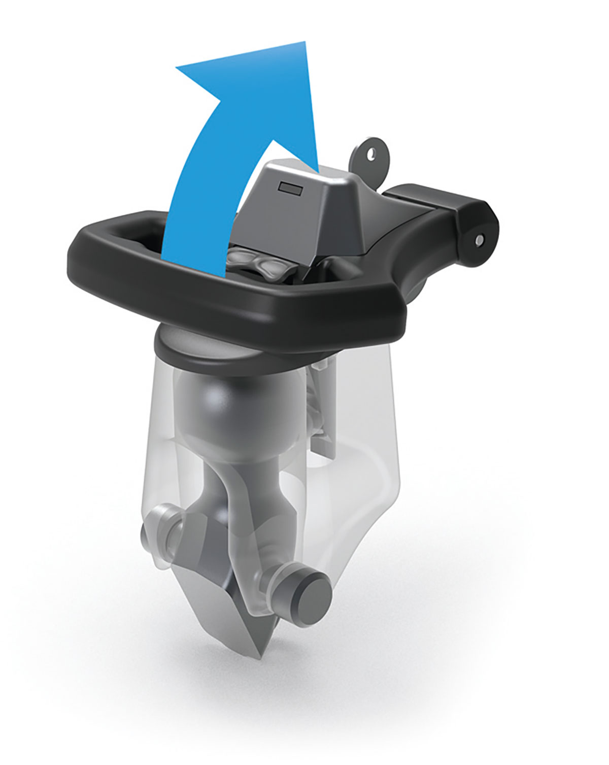 Illustration des FIX4BIKE Verriegelungsmechanismus mit blauem Pfeil zur Darstellung der sicheren Verriegelungsbewegung des patentierten Kupplungssystems für Fahrradträger und Anhängerkupplungen.