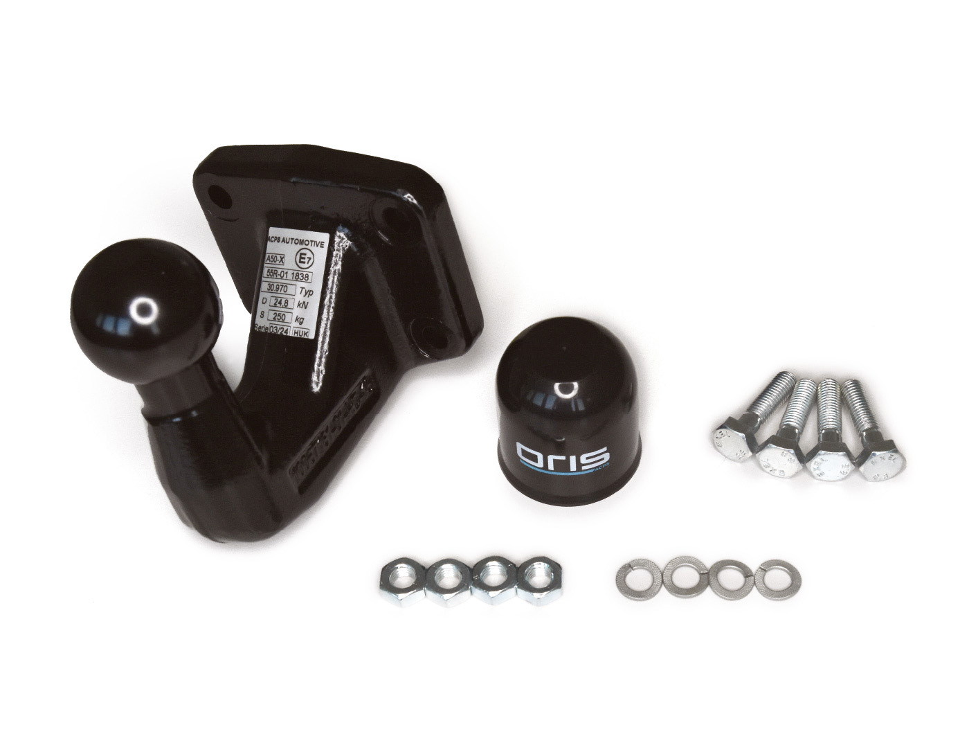 ORIS Vierloch-Flanschkugelkopf-Set mit Schutzkappe, Schrauben, Muttern und Unterlegscheiben.