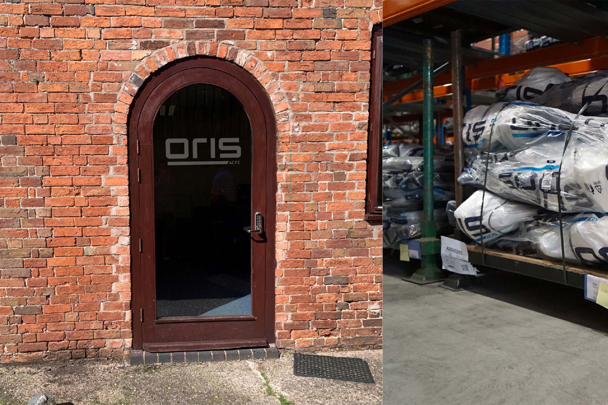 ORIS ACPS logo on a glass entrance at the UK location beside warehouse shelves with packaged automotive components.