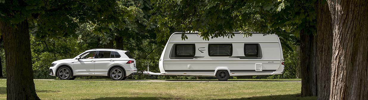 White Volkswagen Tiguan with towbar towing a caravan on a park road framed by large trees and grass.