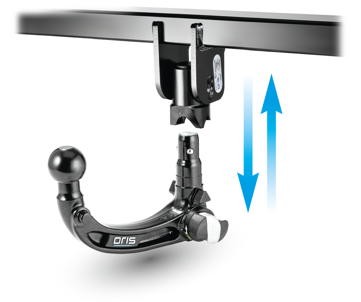 ORIS AK41 FIX4BIKE® detachable towball positioned below the mounting system with indicator arrows showing vertical installation.