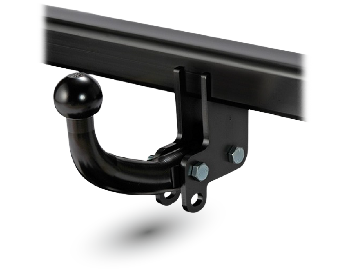 Fixed ASP towbar with bolted tow ball mount and square cross tube, shown as a close-up product image on a transparent background.