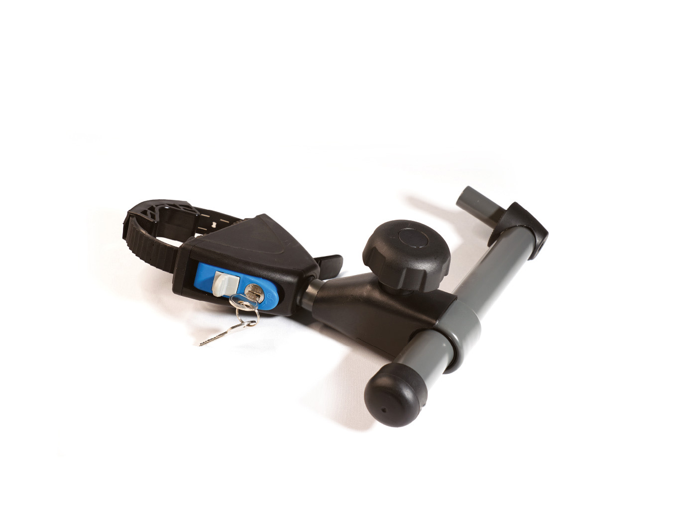 ORIS TRACC short frame holder with lock, key and adjustable mounting arm for securing bicycles on a bike carrier.