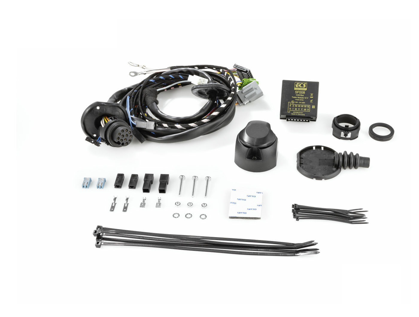 ORIS 13-pin trailer wiring kit with control module, socket, wiring harness, mounting hardware and installation accessories arranged on a white background.