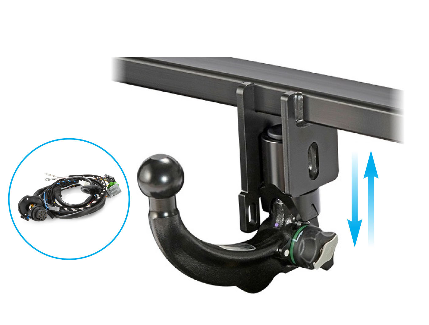 ORIS AK40 complete towbar set with vertically detachable towball, mounting bracket and included 13-pin electrical wiring kit. Blue arrows indicate the vertical insertion and removal of the towball.