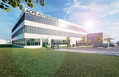 Modern ACPS Automotive headquarters and production facility in Ingersheim, Germany, with office building, landscaped grounds and company signage.