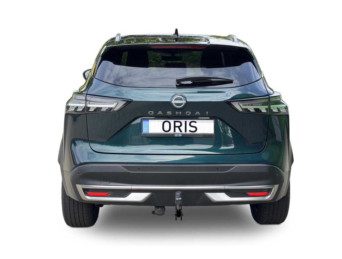 Black Nissan Qashqai SUV with ORIS fixed towbar, shown from the rear on a neutral background with the tow ball and electrical trailer socket visible below the bumper.