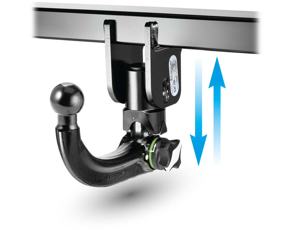 ORIS AK41 detachable vertical towbar with removable towball installed in the mounting system and arrows indicating vertical removal and installation.