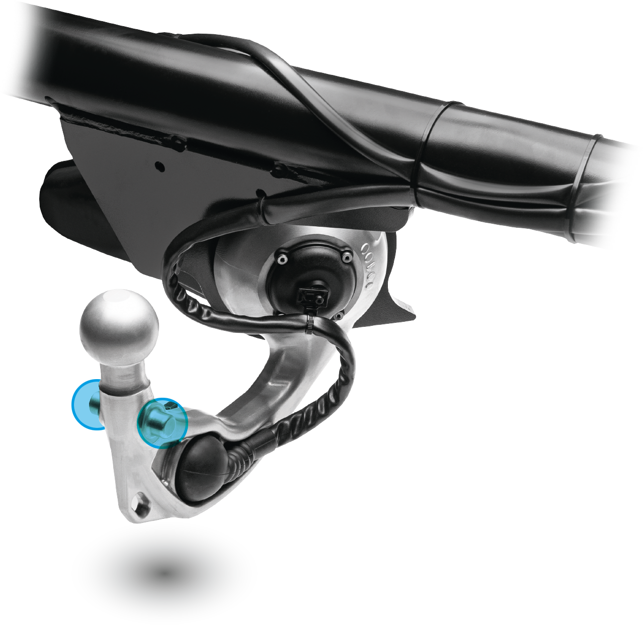 ORIS F4B towbar with E3 swivelling motion shown in a side view, with highlighted swivel points on the towbar mechanism.