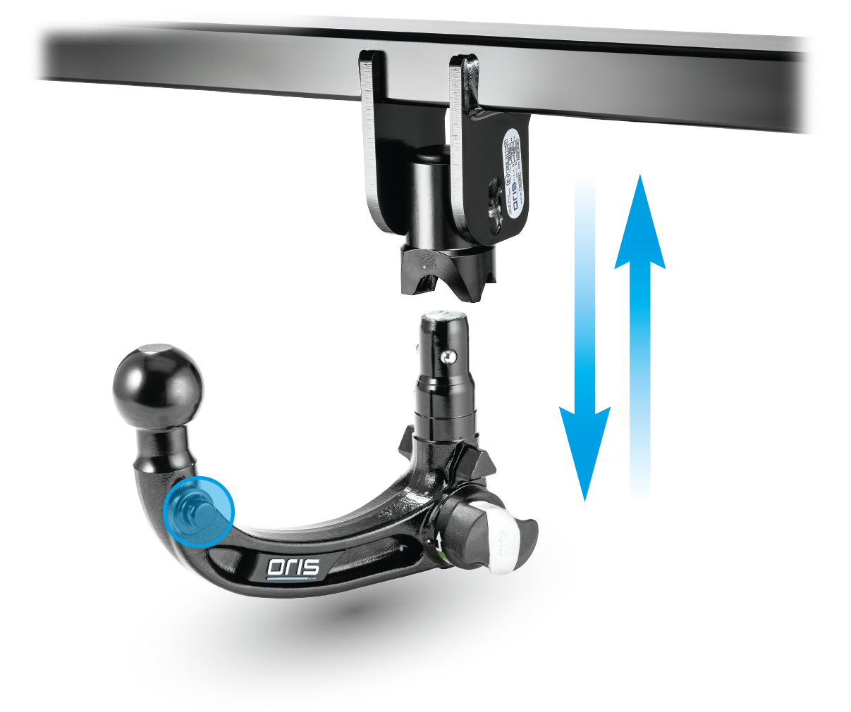 ORIS AK 41 F4B detachable vertical towbar with FIX4BIKE® system, shown below the mounting bracket with directional arrows illustrating the vertical insertion and removal mechanism.
