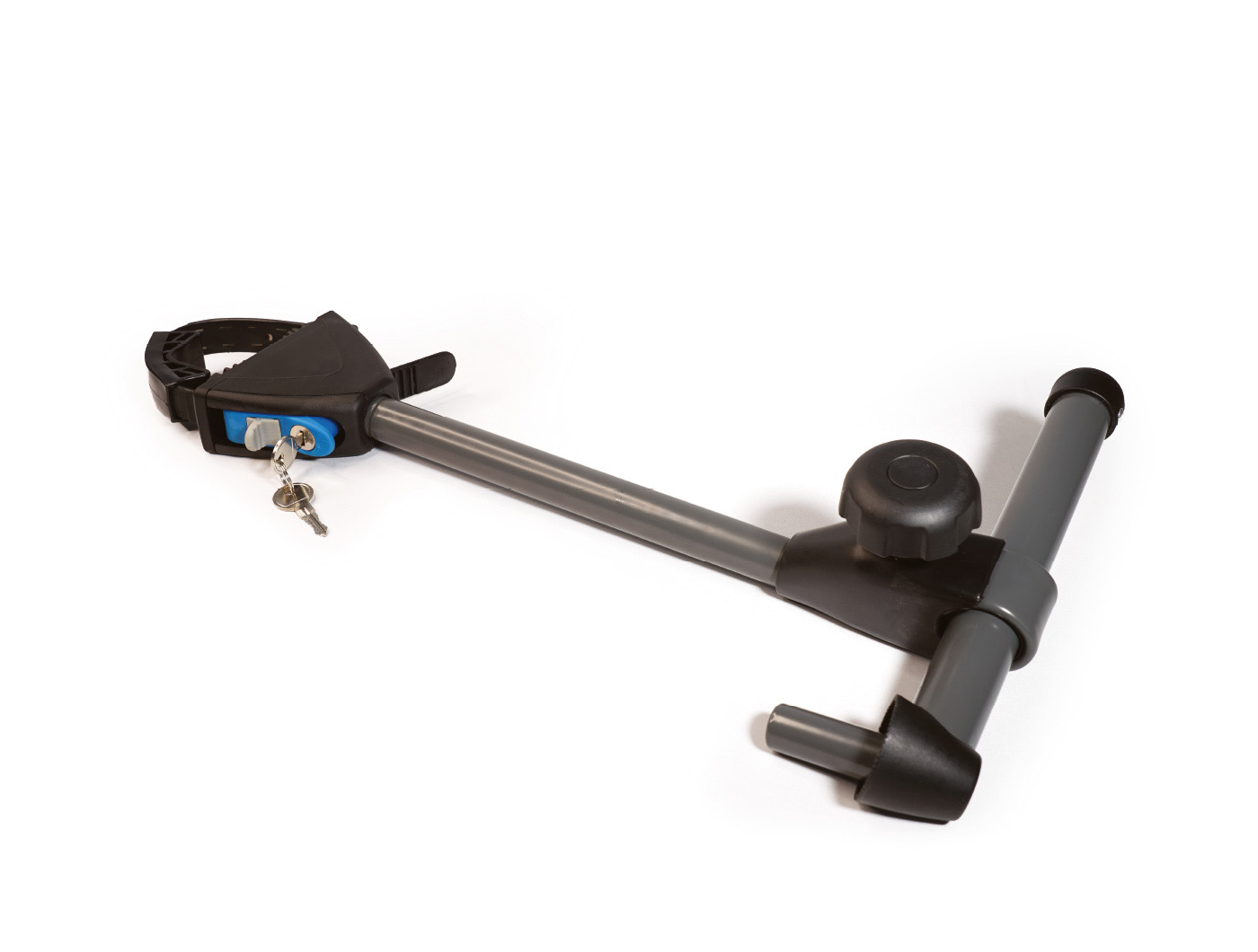 ORIS TRACC long frame holder with lock, key and adjustable mounting arm for securing bicycles on a bike carrier.