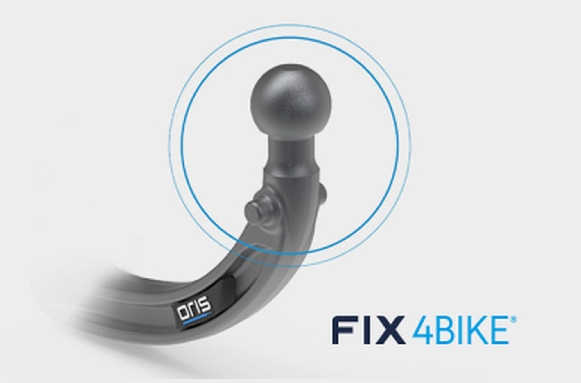 Illustration einer ORIS FIX4BIKE Anhängerkupplung mit hervorgehobenen Positionierungsstiften im blauen Kreis zur Darstellung des patentierten Kupplungssystems für die sichere und präzise Montage von Fahrradträgern.
