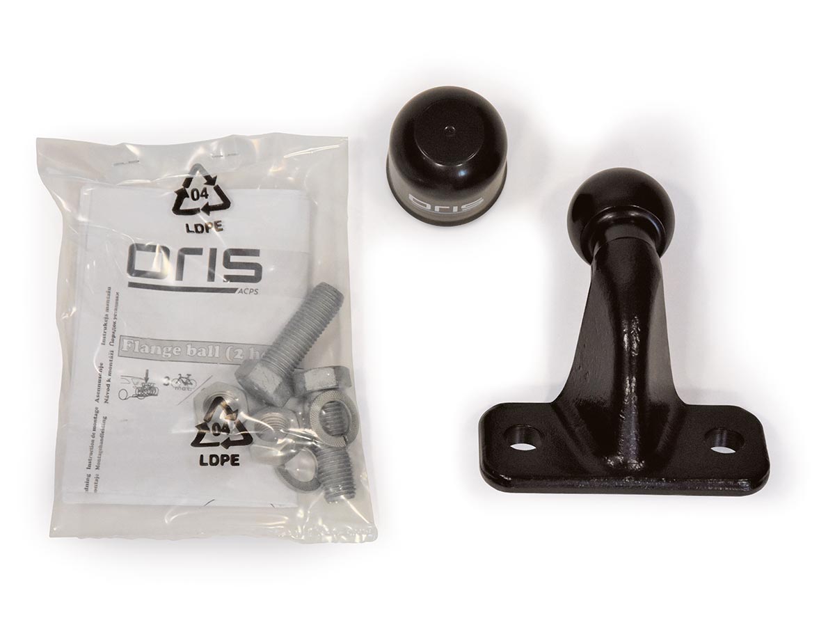 ORIS Zweiloch-Flanschkugelkopf-Set mit Schutzkappe, Befestigungsschrauben, Unterlegscheiben und Montageanleitung.