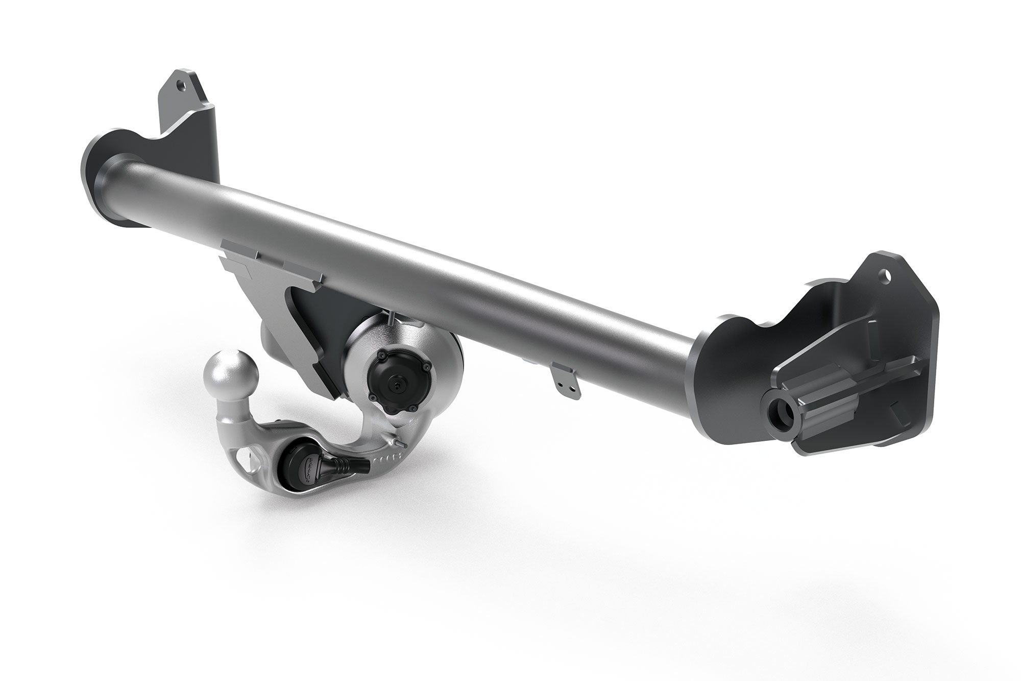 DUO complete set electric swivelling towbar with crossbar, towball, integrated socket and mounting brackets on a white background.