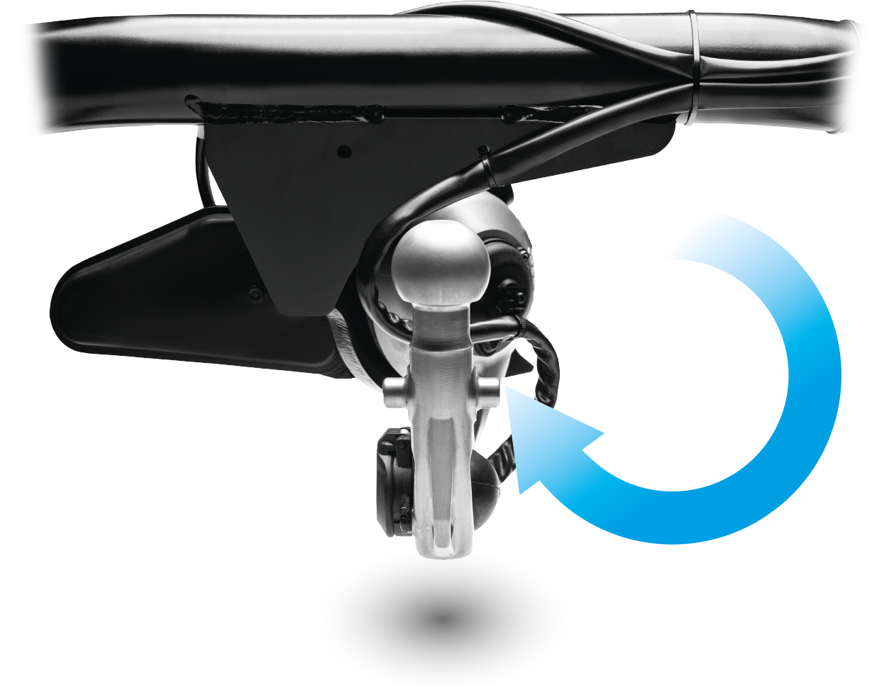 ORIS E3 electric swivelling towbar with integrated socket, shown in the deployed position. A blue circular arrow illustrates the automatic swivelling movement beneath the vehicle.