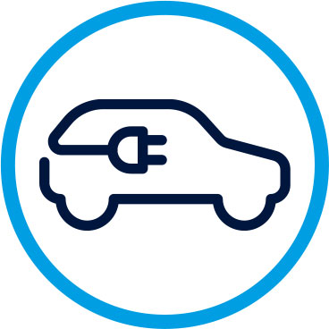 Icon of an electric vehicle with charging plug inside a blue circular frame.