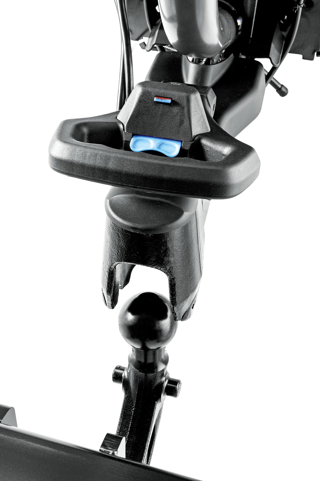 Close-up of the ORIS FIX4BIKE® connection system showing the carrier coupling positioned above the dedicated towball.