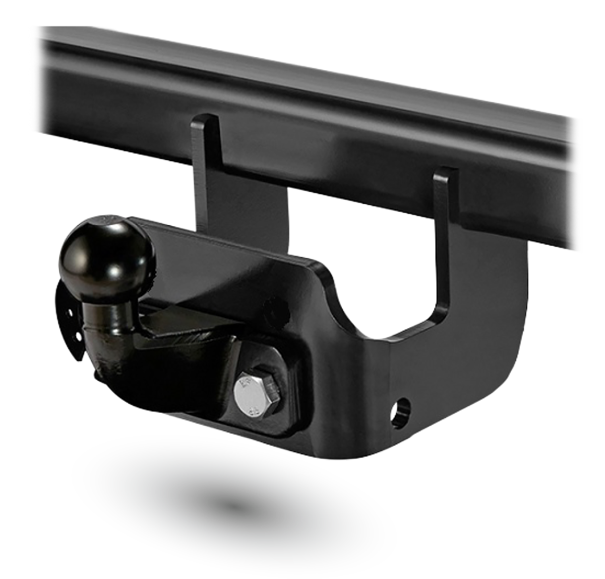 Flanged towbar with fixed towball mounted on a crossmember.