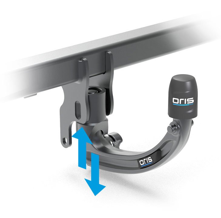ORIS abnehmbare Anhängerkupplung mit vertikalem Verriegelungsmechanismus, Schutzkappe und blauen Pfeilen zur vertikalen Montage auf weißem Hintergrund.