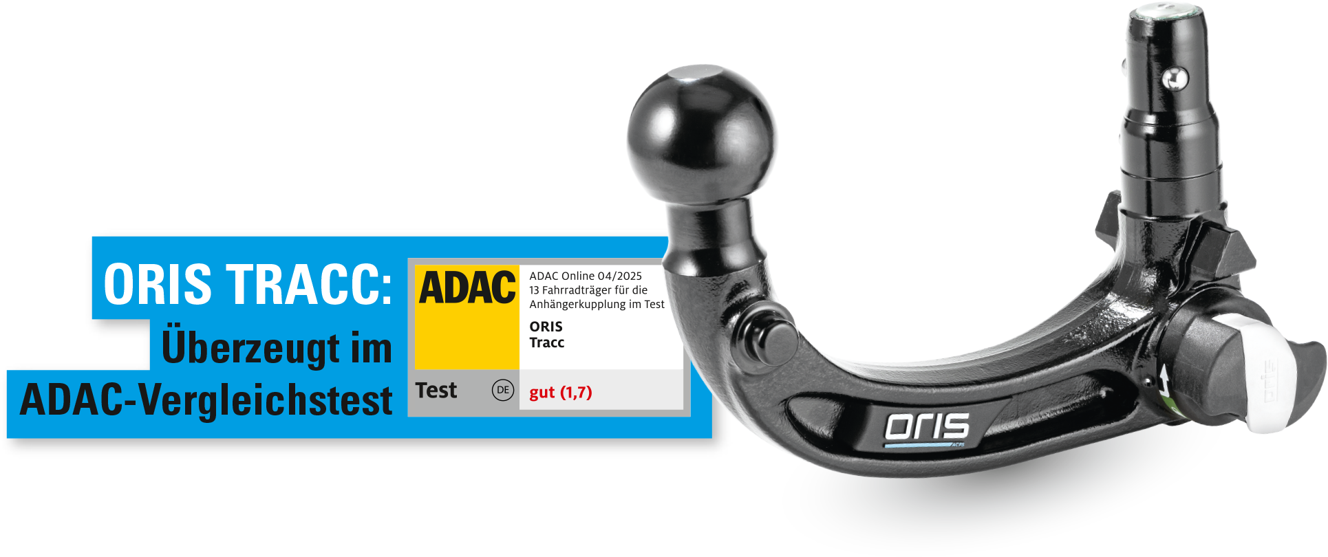 ORIS AK 41 F4B detachable vertical towbar with FIX4BIKE® system, shown in a product composition alongside an ADAC test award graphic highlighting the ORIS Tracc bike carrier rating.