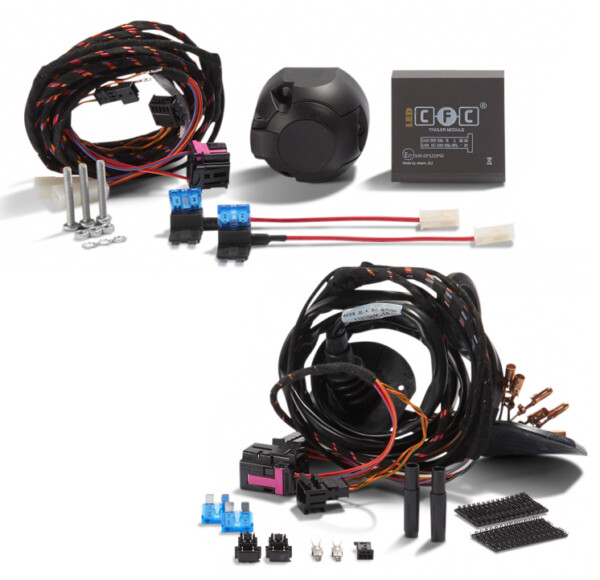 ORIS trailer wiring kit including control module, 13-pin socket, wiring harness, connectors and mounting accessories for towbar electrical installation.