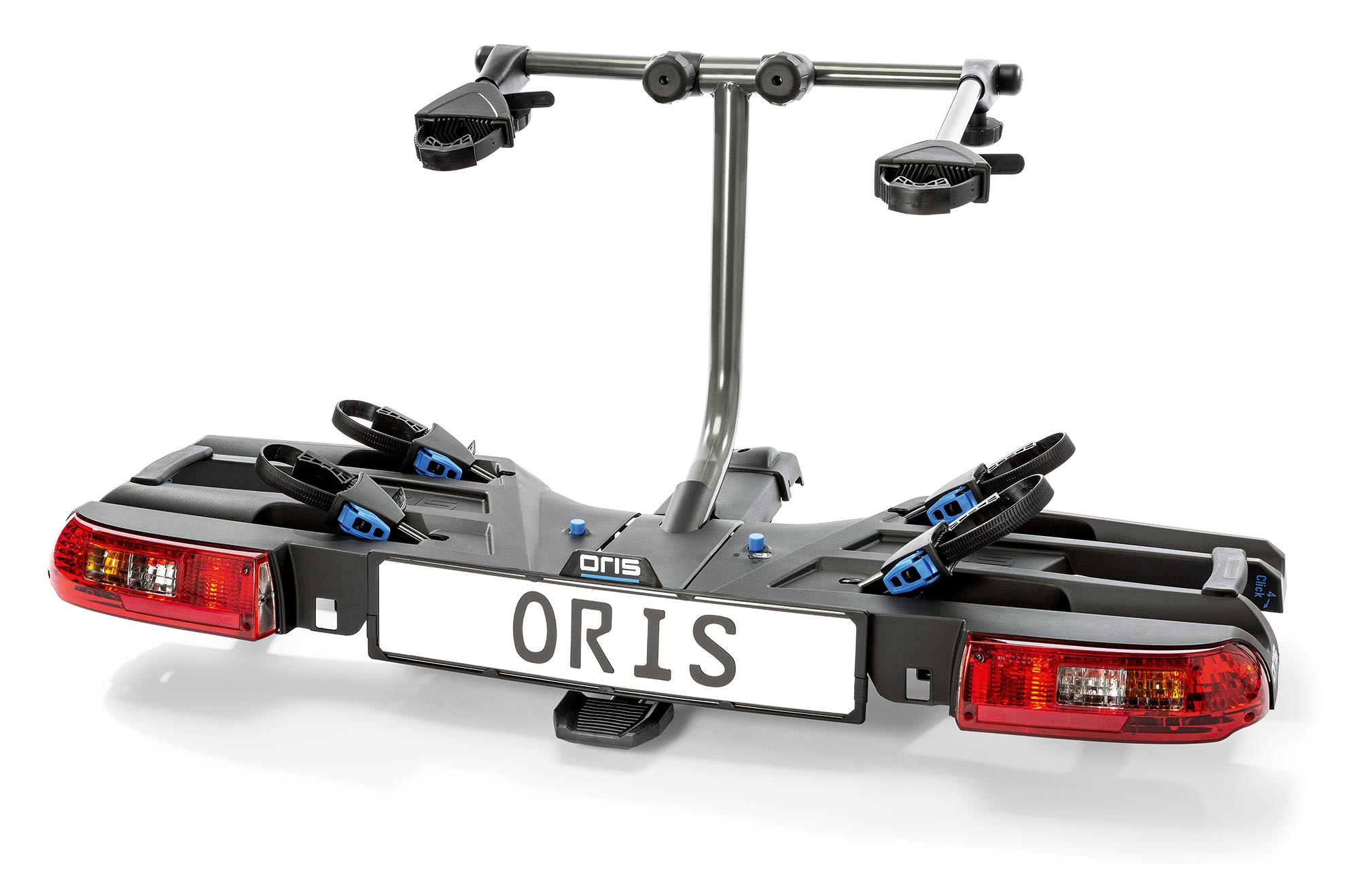 ORIS TRACC FIX4BIKE Fahrradträger für zwei Fahrräder mit patentiertem FIX4BIKE Kupplungssystem, verstellbaren Rahmenhaltern, breiten Radschienen für E-Bikes und integrierter Beleuchtung vor weißem Studiohintergrund.