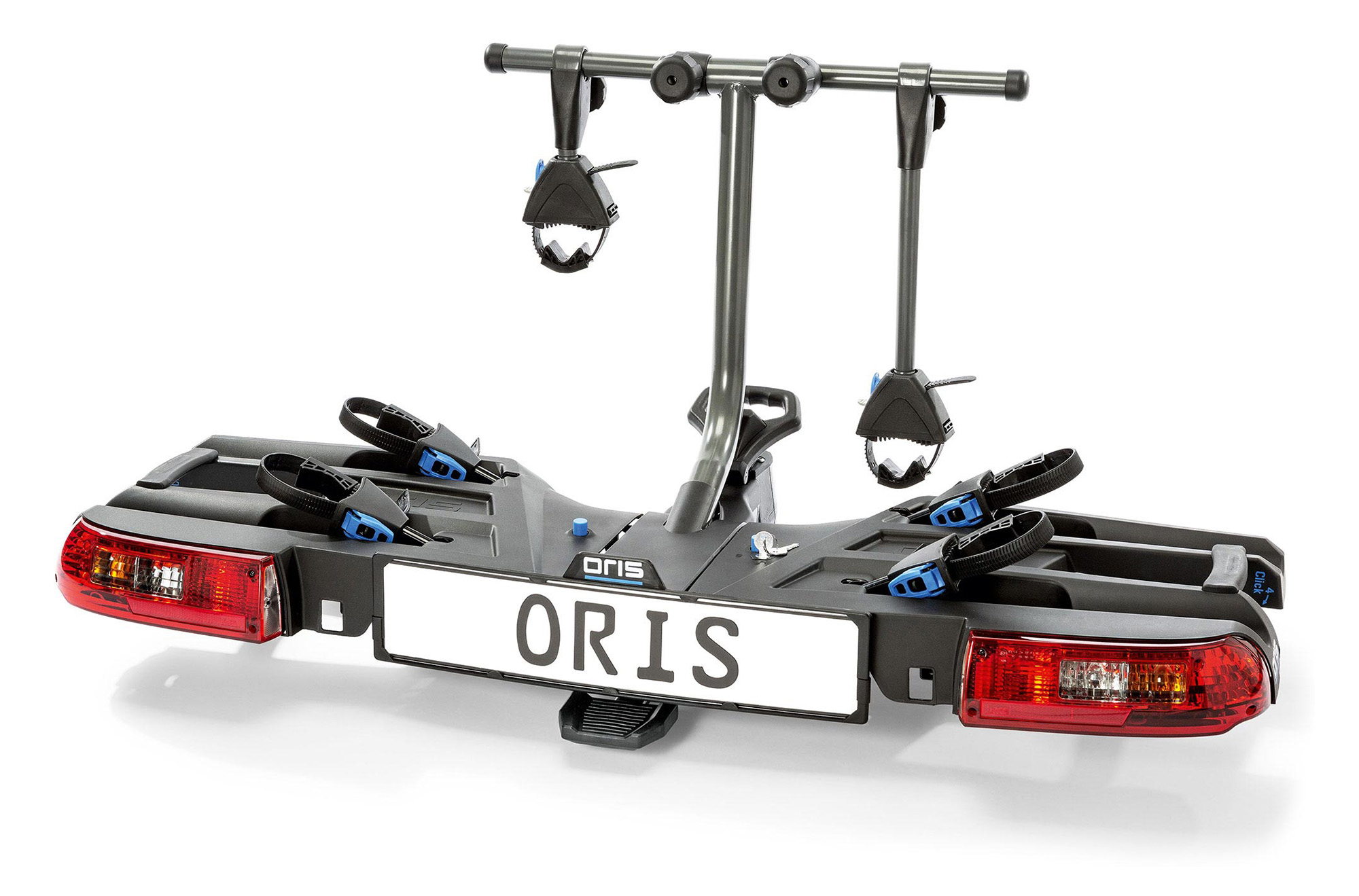 ORIS TRACC FIX4BIKE bicycle carrier for two bicycles with FIX4BIKE frame holders, wheel trays, integrated rear lights and license plate holder.
