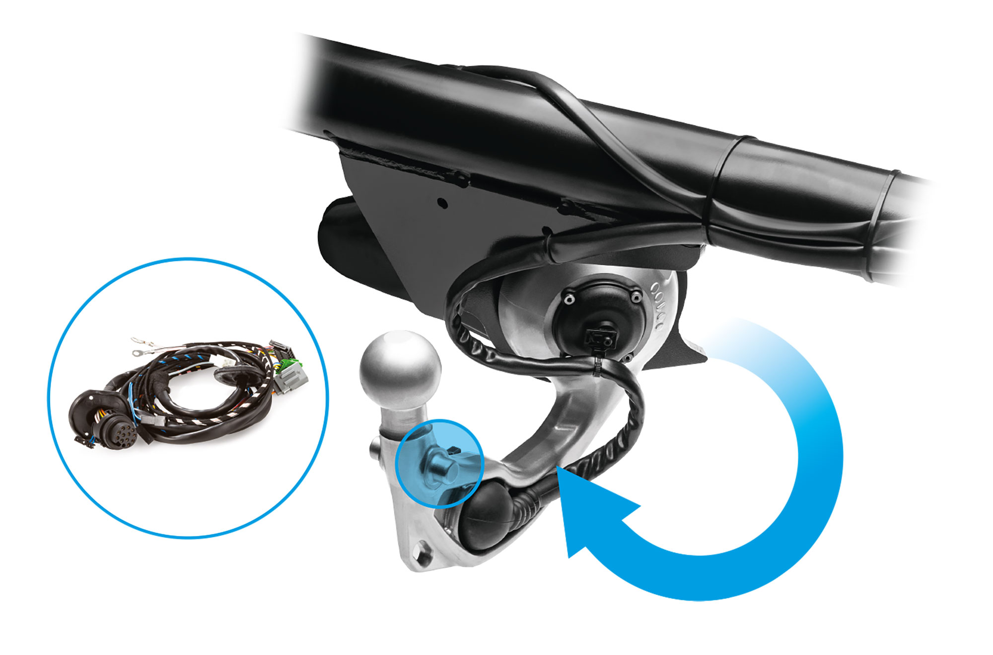 DUO complete set electric swivelling towbar with integrated socket, blue rotation arrow and DUO complete set E-Set wiring harness on a white background.
