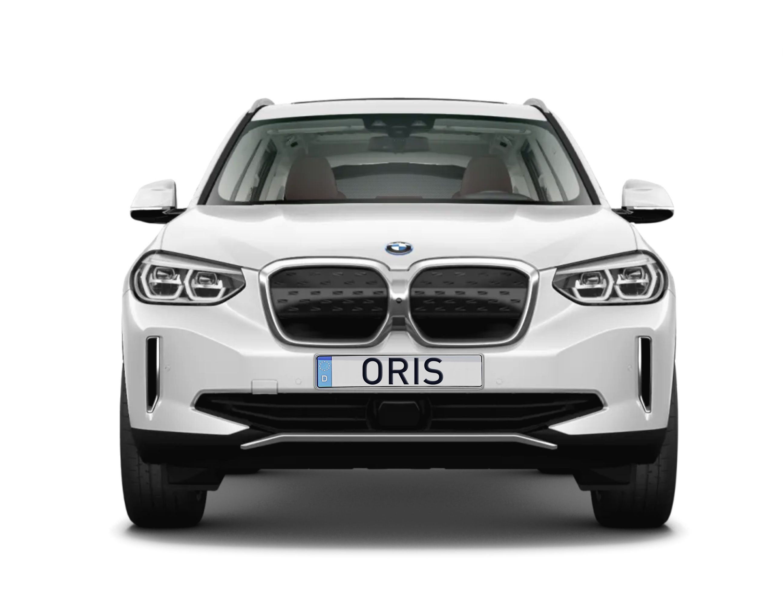 Front view of a white BMW iX3 with an ORIS retractable towbar integrated behind the front bumper on a white background.