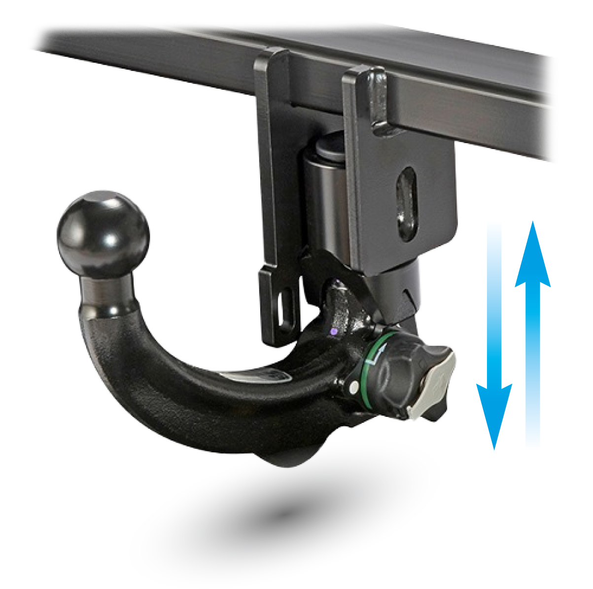 ORIS AK40 detachable vertical towbar with removable towball installed in the mounting system and arrows indicating vertical removal and installation.