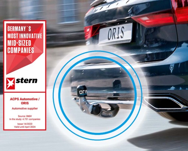 Rear view of a car with an ORIS towbar highlighted by a magnified detail and the "Germany’s Most Innovative Mid-Sized Companies" award from stern.