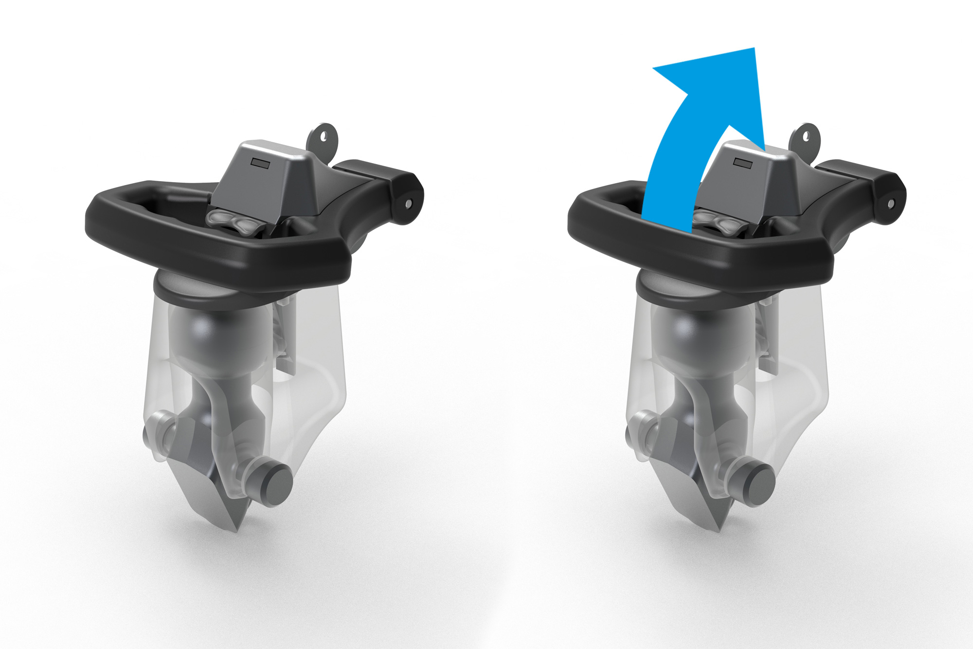 Illustration of the ORIS TRACC FIX4BIKE mounting mechanism showing the one-click coupling system with locking lever and installation movement for towbar attachment.